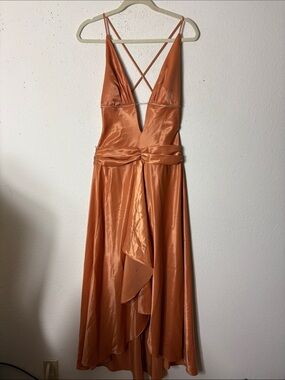 Satin V-Neck backless rhinestone trim Prom Dress in Copper Orange S